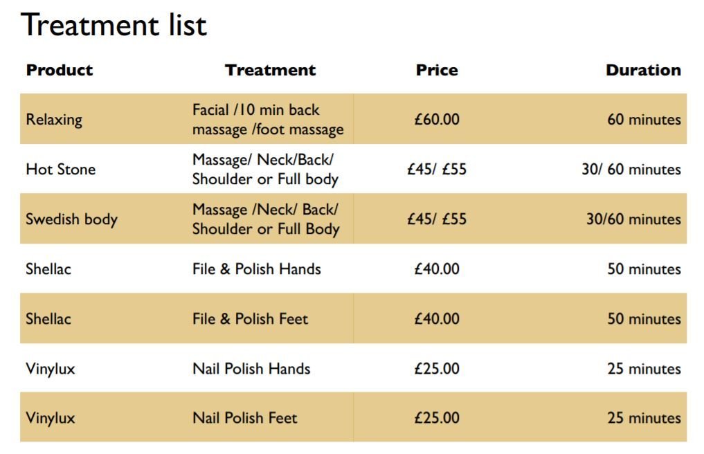 Pricing Menu