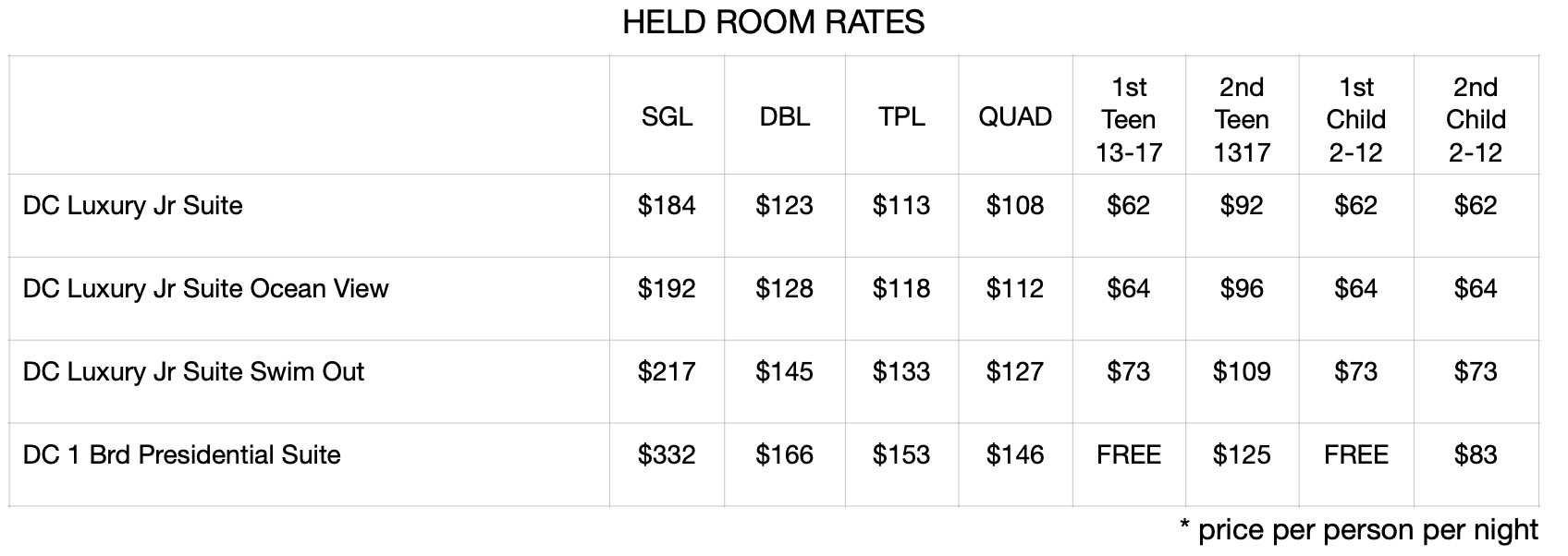 See Child Pricing Here