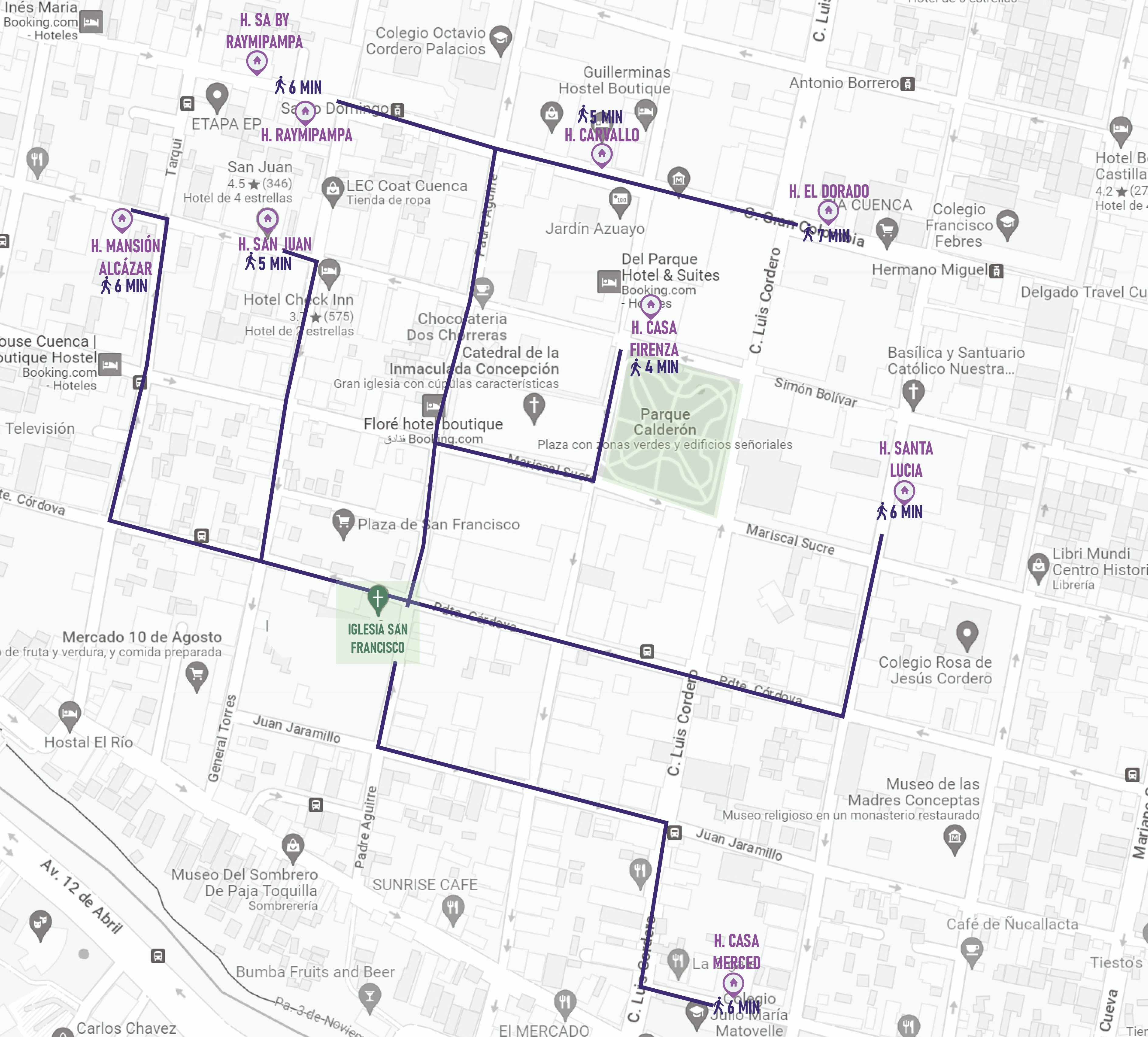 LOCACIÓN DE HOTELES RESPECTO A LA IGLESIA SAN FRANCISCO Y PARQUE CALDERÓN